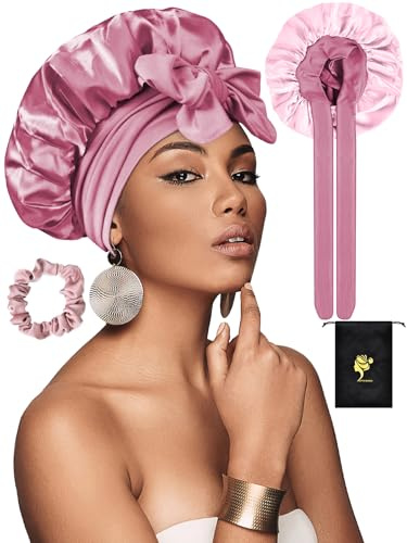 SUTIYO Rosa/ljusrosa satinhårhätta för att sova, lockigt och långt hår, justerbar, kvinnors fascinator, en storlek, klassisk stil, solskydd, polyesterblandning, mössa, maskintvätt