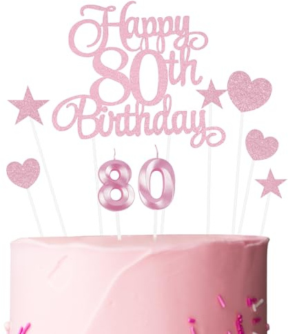 Ainiv Happy 80th Birthday Cake Toppers, Pink Number 80 Candle for Cakes | Happy 80th Birthday Decorations for Women Men, Pink Star Heart Cake Topper for Party Cupcake Desserts Pastries