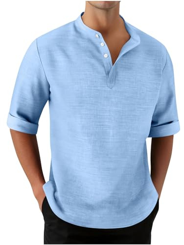 UHouse Henley Hemd Herren Kurzarm Tshirt mit Knopfleiste Sommer Hemden Freizeit Strandhemd Leichte Sommerhemd Männer Stehkragenhemd Bequeme Freizeithemd Locker Leinenhemd Hellblau XL