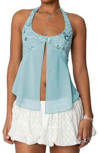 Nicoxijia Damen Y2K Sexy Pailletten Glitzer Halter Crop Tops Für Den Ausgeh-Look Rückenfrei V-Ausschnitt Camisole Schlank Passend Coquette Cami Tank Top, blau, M
