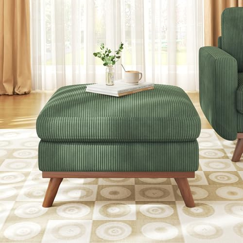 Vesgantti Large Ottoman for Modular Sofa, 29.5 Corduroy Pouf Ottoman with Spring Cushion, Rectangle Foot Rest for Couch, Entrance Footstool with Wood Legs, Footstool for Living Room, Bedroom, Green