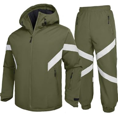 GEMYSE Men's Ski Suit Waterproof Snow Suit Winter snowboard Jacket and Pants Set Hooded ski outfits with Reflective Trim(Army Green,Medium)