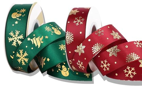 2 Rollen Weihnachtsgeschenkband Rot Grün Gold, 20mm Satinband mit Gold- und Silberprägung, Kleine Rollen Geschenkband für Weihnachten, Weihnachtsbaum Deko, Schleifenband & Weihnachts-Curlingband, 9,4m