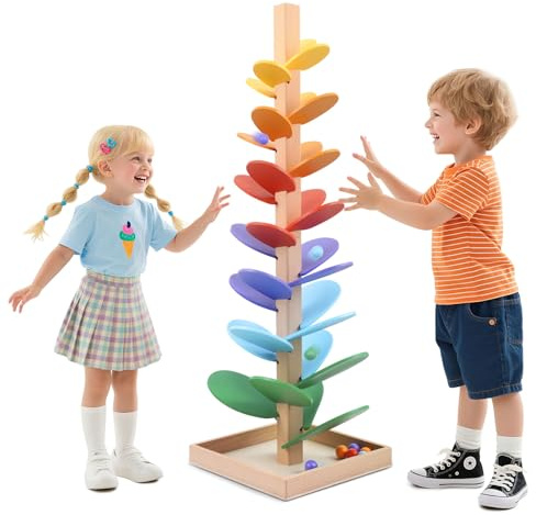 Pista a sfera in legno, 72 cm, albero sonoro arcobaleno, giocattolo educativo per bambini con 10 palline arcobaleno, 8 livelli colorati, giocattolo creativo in legno per bambini 3-7 anni