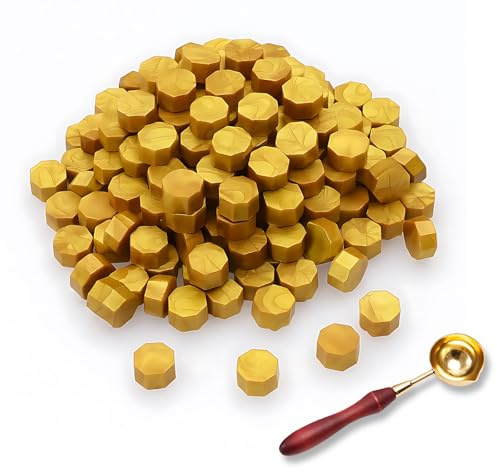 725 Stück goldene Siegelwachs Perlen in achteckiger Form, Wachssiegel Set inklusive Siegellack-Löffel für personalisierte Stempel, Diese Ideal für Einladungen, Karten und Geschenkverpackungen