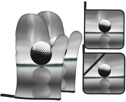 4 pezzi Guanti Da Forno E Set Di Presine Black And White Golf Guanti Da Barbecue Divertenti Guanti Da Cucina Per Microonde, Cucina, Cottura Al Forno