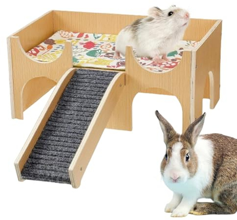 Renchey Hamsterhäuser Und Verstecke - Holzhaus Für Kleintiere,2 Stöckiges Kaninchenhaus Mit Integrierter Treppe Für Körperliche Aktivität Geeignet Für Igel Hamster Meerschweinchen Und Weitere