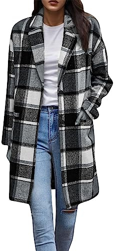 Trench Coat Femme Automne Hiver Carreaux Laine Manteau avec Rabat et Poche