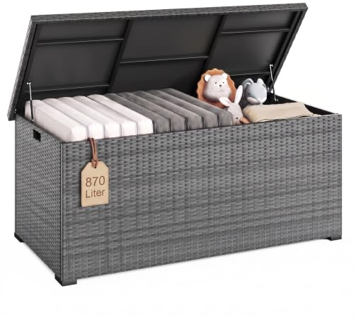 UDPATIO Gartenbox Wasserdicht 870L, Aufbewahrungsbox Garten XXXL, Auflagenbox Wetterfest, Kissenbox Outdoor mit Deckel, Gasdruckfedern, ideal für Garten, Terrasse & Balkon | Grau