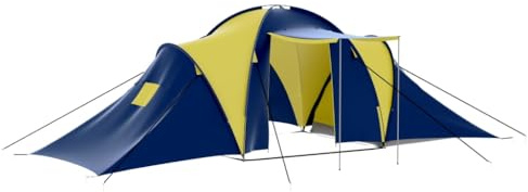 Campingzelt für 9 Personen, Blau und Gelb, 570x385x170 cm großes Familienzelt mit 3 Kabinen, Outdoor-Ausrüstung für Wanderungen, Reisen und Urlaub, Polyester