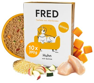 FRED Senior Hundefutter Huhn 10 x 390 g I Monoprotein Nassfutter mit Muskelfleisch I Getreidefrei & gut verträglich I Mit Zucchini, Karotten & Quinoa I Alleinfuttermittel für ältere Hunde