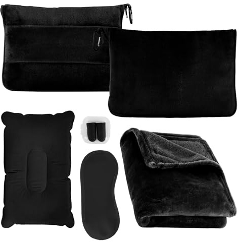 3 in 1 Reisedecke mit aufblasbarem Reisekissen, Ultraleichte Flugzeugdecke Reise Set mit Augenmaske & Ohrstöpsel, Tragbare Decke für Reisen, mit Tasche, Rucksackclip und Gepäckhülle (Schwarz)