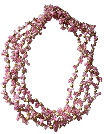 Collana artigianale fatta a mano, lavorata a mano all'uncinetto con filato prezioso Lurex rosa e perline Miyuki giapponesi rosa e oro, senza chiusura, endless - Idea regalo donna. Pezzo unico.