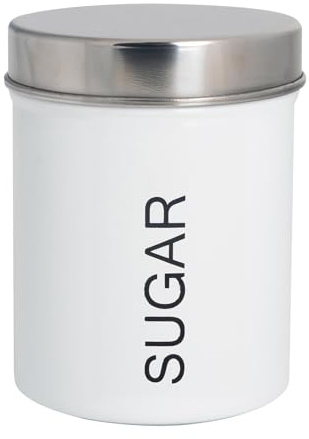 Harbour Housewares Runder Metall-Zuckerbehälter - Weiß - 1 Stück - Retro-Küchenaufbewahrung, Süßstoff, körniger Zucker, Konservendosen, Dosen, Behälter, Gläser, luftdichter Deckel