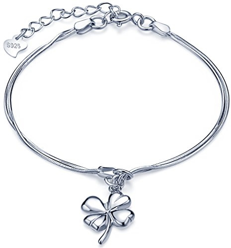 Unendlich U Glücklich Vierblättriges Kleeblatt Mädchen Charm-Armband 925 Sterling Silber Doppel Armkette Verstellbar Armkettchen, Silber