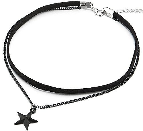 COOLSTEELANDBEYOND Zwei Reihen Choker Halsketten Halskette für Damen Mädchen mit Schwarz Kette und Stern Pentagramm Charm Anhänger