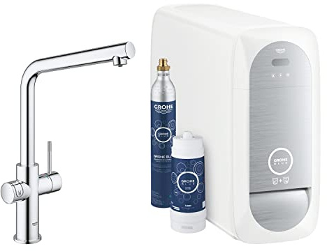GROHE Blue Home - Starter Kit (L- Auslauf, 3 gefilterte und gekühlte Wasserarten, für GROHE Blue Filter S-Size, Filterkopf mit flexibler Wasserhärteeinstellung), chrom, 31454001