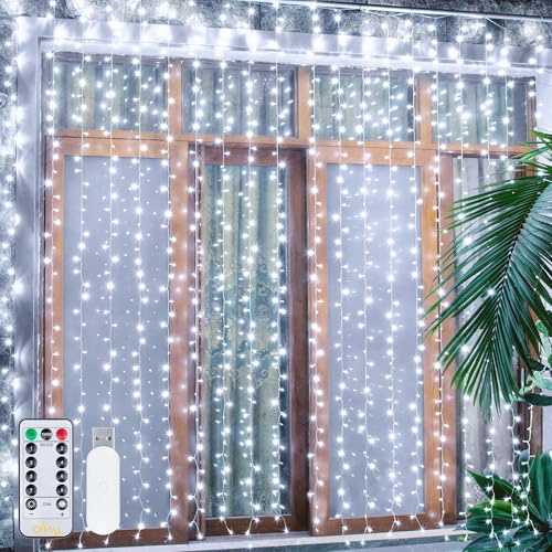 Ollny Curtain Fairy Lights Indoor, 300 LED 3m x 3m Window Lights Cool White
