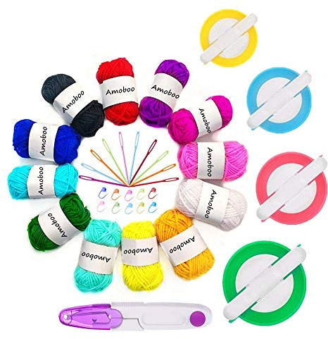 Knewmart Pom Pom Maker, 4 Größen Fluff Ball Weaver Nadel Pompom Maker Sets Enthält 12 Stück Garn + 1 Stück Schere + 10 Stück Strickstichmarker + 10 Stück Plastiknadeln (37)