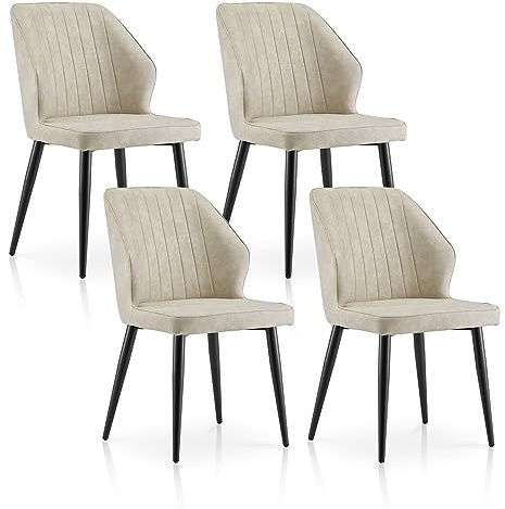 TUKAILAi Set of 4 Dining Room Chairs, Faux Leather Thickened Upholstered Kitchen Chairs with Curve Backrest and Metal Legs for Home Lounge Living Room Office Reception, Beige