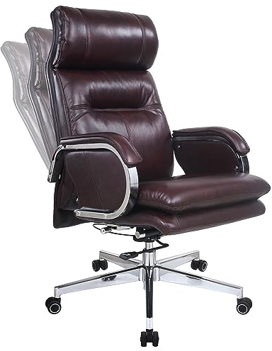 HUAUR Genuine Leather Modern Executive Chair High-Back Support 90 to 150 Degrees Tilt and Upholstered Home Desk Chair with Base 400LB Capacity Swivel Computer Office Chair (Brown)