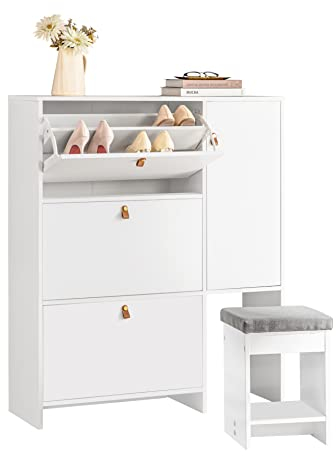 SoBuy FSR107-W Schuhkipper mit 3 Klappen und 1 Tür Schuhschrank mit einem Hocker Schuhregal schmal Schuhkommode Schuhablage Weiß BHT ca. 95x121x30cm