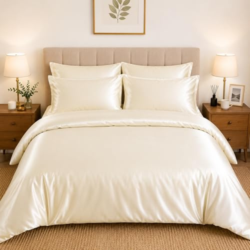 CHARKHAH Satin Silk 6 Piece Complete Bedding Set Durable Silky Fabric with Single Double King Size Bed Fitted Sheet Duvet Cover Comforter and 4 Pillow Cases (Double, Cream)