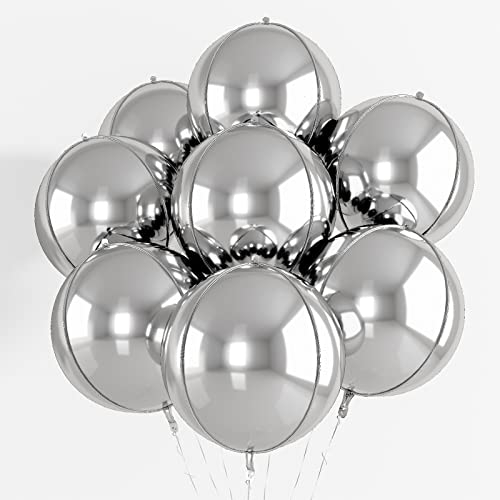 Palloncini d'Argento 8 Pezzi, 52 Pollici 4D Metallizzati in Lamina - Grandi Rotondi Mylar, Sfera 360 Gradi per Compleanno