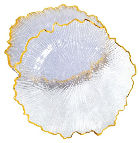 DaCakeWS Acrylic Gold Rim Reef Charger Plates 10PCS, 13inch Plastic Floral Charger Plates Wedding for Dinner (10, Reef Clear)