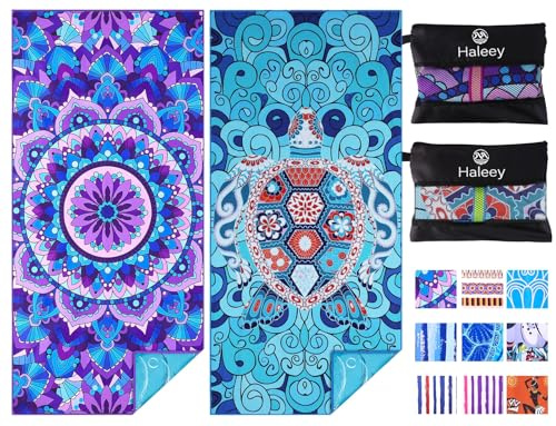Haleey 2 Pack Microfibre Lightweight Beach Towel 180x80cm Oversized Extra Large Thin Sand Free Towels Travel Swim Pool Yoga Gym Camping for Adults Women Men Beach Essentials Accessories Vacation Gift