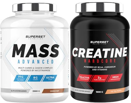 Superset Nutrition | Programme Prise De Masse Avancé - Mass Advanced 2,5kg Choco Nut - Créatine Hardcore 1,5 kg Ice Tea Pêche | Augmente la prise de masse et intensifie la force et le volume