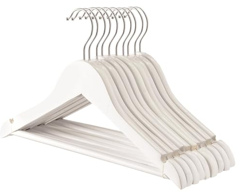 Harbour Housewares Wooden Coat Hangers - White - 10x Clothes Hangers with Round Trouser Bar and Non Slip Shoulder Notches Kids Wooden Hangers for Jacket, Suit, Jumper, Dress Wardrobe Storage