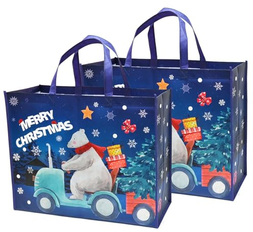 DOJoykey Bolsas de Navidad extra grandes, paquete de 2 bolsas de regalo con asa de tela no tejida, bolsas de comestibles reutilizables, bolsas de compras para fiestas de Navidad, 20 x 16 x 7