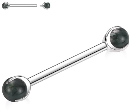 AROWRO 14G Nippel Zunge Brücke Piercing Schmuck Silber Nippel Zunge Ringe G23 Titan Nippel Zunge Schmuck mit Innengewinde Nippel Piercing Set für Frauen 12mm Grün Rutilated Quartz Nippel Piercing