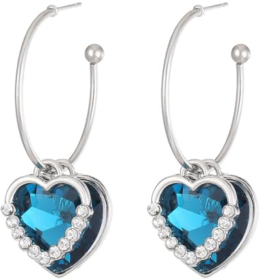 Wendalern Boucles d'oreilles pendantes double cœur CZ en forme de cœur avec saphir bleu cristal et cœur de l'océan - Boucles d'oreilles créoles en forme de cœur - Bijoux pour femme