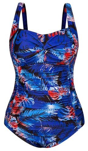 Hanna Nikole Maillot de bain une pièce pour femme grande taille avec effet gainant et col en V froncé, Bleu violet et feuilles, 48 FR