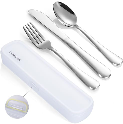 Camping Besteck, 4 Stück Edelstahl Reisebesteck mit Etui, Verstärktes Gehäuse mit Schnallen-Design, Campingbesteck für Outdoor, Reise, Arbeit, Schule, Spülmaschinenfest, Silber