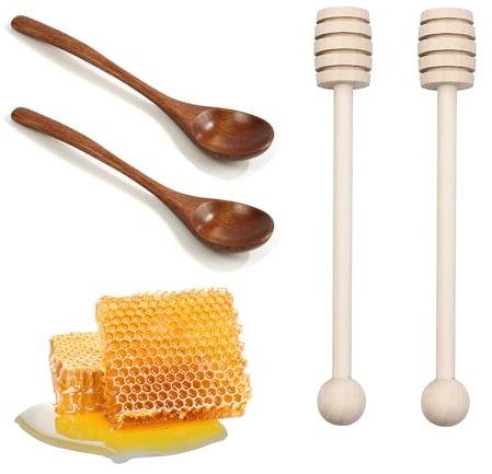 ZIJANG Honig Löffel, 4 Stück Holzlöffel Honig, 16 cm Spirale Honig Sticks und 14 cm Holzlöffel Klein, Honigrührer-Honiglöffel, Honigheber für Bienen, Tee, Kaffee
