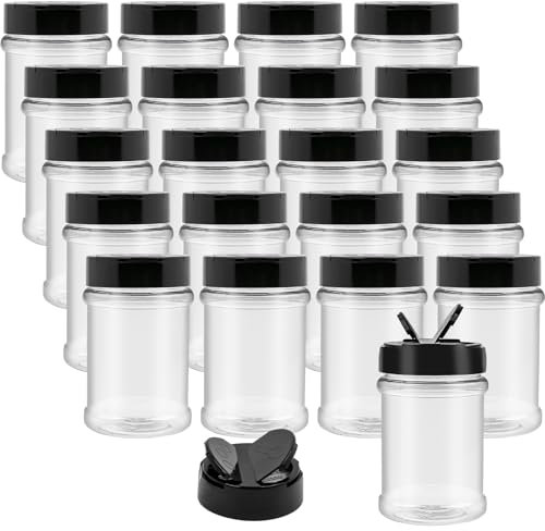 YFNVH 20 Pack Plastic Spice Jars with Shaker Lids 150ml/5oz Small Spice Containers Bulk Clear Round Seasoning Storage Bottles with Black Flip Top Cap for Home Kitchen Herbs Powders