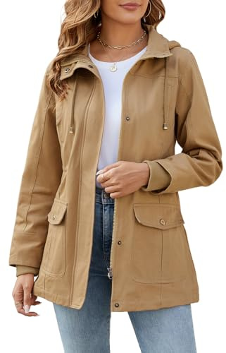 Tuopuda Chaqueta Militar Mujer Primavera Otoño Parka Entretiempo Cazadora Algodón Casual Sahariana Cintura Alta Cordón Zip Up Capucha Multibolsillos Aviador Abrigos Chaquetas Verano, caqui, XXL