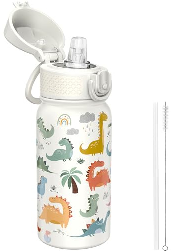 GOPPUS 350ml/12oz Kids Stainless Steel Water Bottle with Straw Toddler Drinks Bottle with Handle Small Insulated Bottles School Cold Metal Flask with Flip Top Lid BPA Free (White Dinosaur)