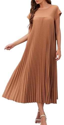 Adigaber Robe Longue pour Femmes Plissée d'été Solide à Col Rond Décontracté Robe avec Poches