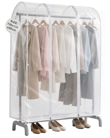 EXLECO Överdrag för klädställ 130 x 150 x 50 cm klädskydd transparent plast dammskydd skydd med dragkedja klädpåsar anti-damm skyddande fodral för klädstång dammtät
