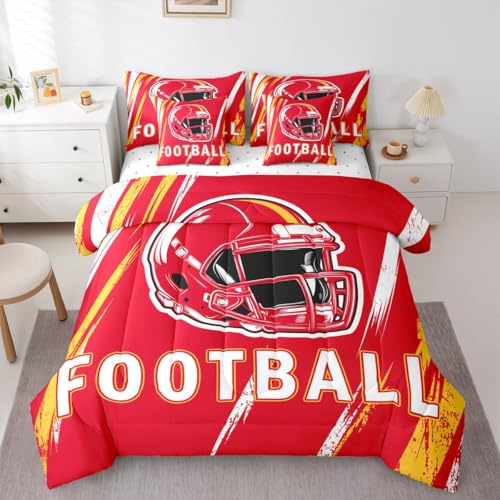 Erosebridal Boys Twin Football Bedding Comforter Set with Sheets, Gridiron Bed Set for Kids Adults Sports City Themed Bed in A Bag, Red Yellow Seasonal Color 7 Pieces