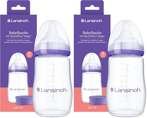 Lansinoh Babyflasche mit NaturalWave Sauger Gr. M, 240 ml - neues kompaktes Design für verbesserte Stabilität - mit stapelbarem Deckel (Packung mit 2)
