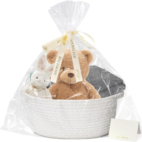 Gift Basket Empty to Fill, 1 Pc Empty Hamper Basket Cotton Rope Basket with Bags & Pull Bows, Woven Hamper Gift Basket for Baby Shower Birthday Wedding Christmas Toy Gift Filling, 30×20×13 cm, White