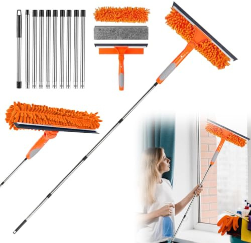 Lavavetri con Manico Telescopico, Tergicristallo 2 in 1 con Manico Lungo 4.5m, Kit per la Pulizia Delle Finestre con Testa Rotante e Panni Microfibra di Ricambio per Pareti di Vetro Bagno Auto
