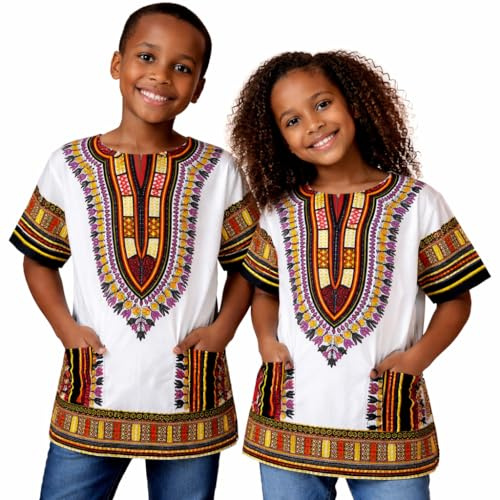 Adalex Global Dashiki African Kids Shirt Traditional Design, Authentic Clothes for Children Ethnic Patterns and African Print Boy Girl (UK, Age, 8 Years, 10 Years, Regular, White Orange Yellow)