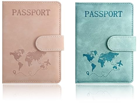 KEWUF Porta Passaporto, Custodia per Passaporto, Etichetta per Bagagli in Pelle PU, Porta Passaporto RFID, Adatto per Carte D'Identità, Carte di Credito, Documenti di Viaggio (2 Pezzi, Rosa, Blu)