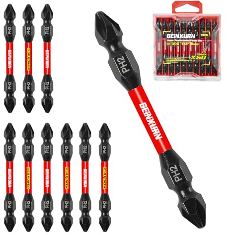 GEINXURN Lot de 10 embouts de tournevis cruciformes PH2/PH2 - Résistants aux chocs - Double extrémité - 65 mm #2 - Embouts Phillips - Magnétique - En acier S2 - Avec boîte de rangement